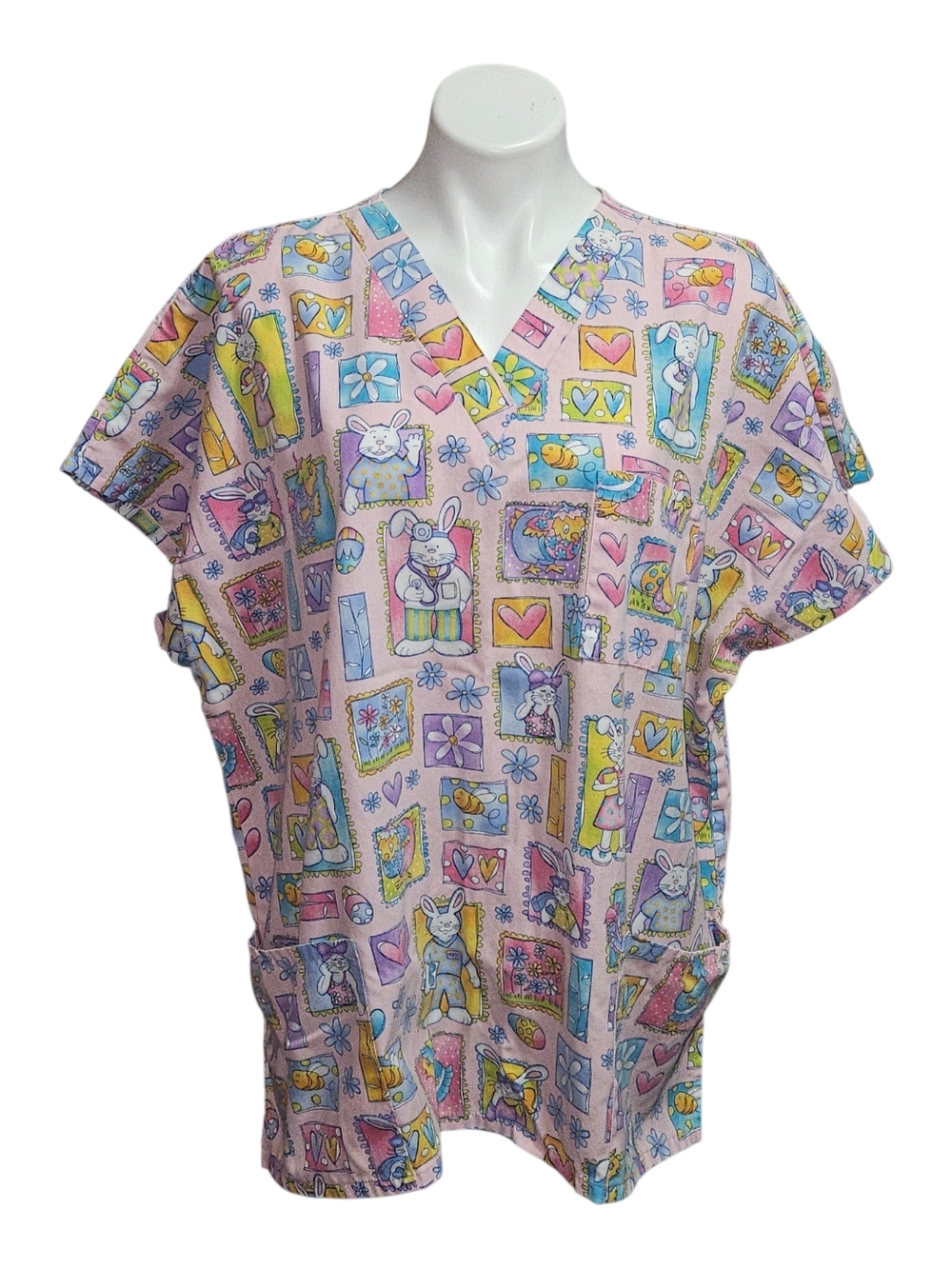 SB Scrubs Pink Pastel Bunny Print Short Sleeve Top